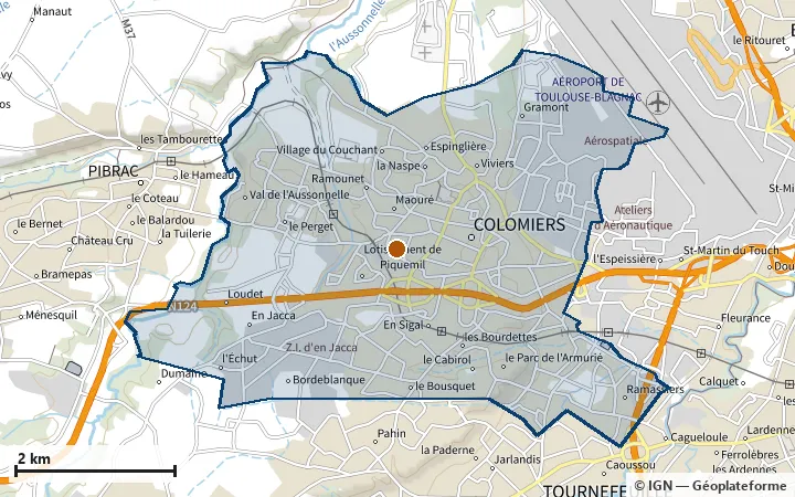 Plan de Colomiers, avec les limites de la zone et son centre