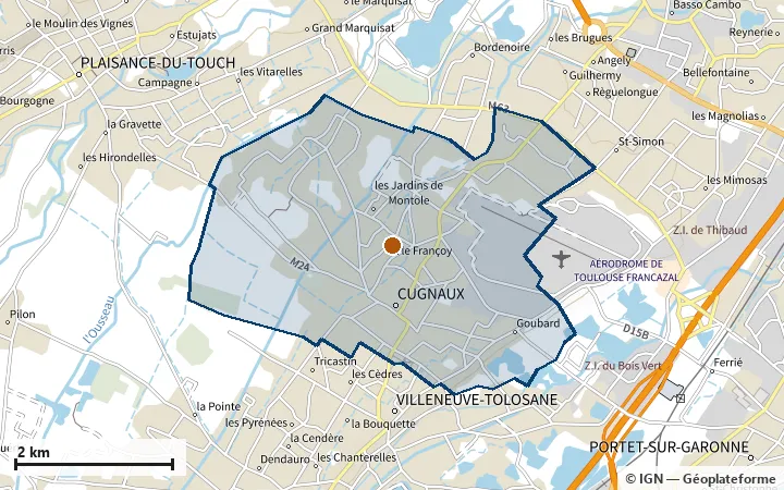 Plan de Cugnaux, avec les limites de la zone et son centre
