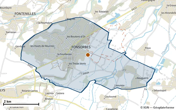 Plan de Fonsorbes, avec les limites de la zone et son centre
