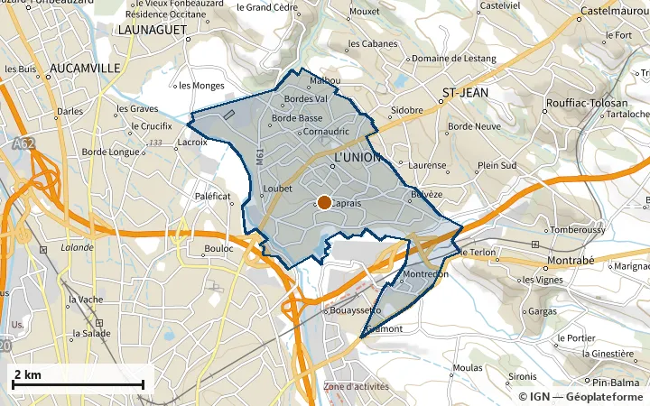 Plan de L'Union, avec les limites de la zone et son centre