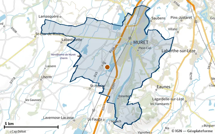 Plan de Muret, avec les limites de la zone et son centre