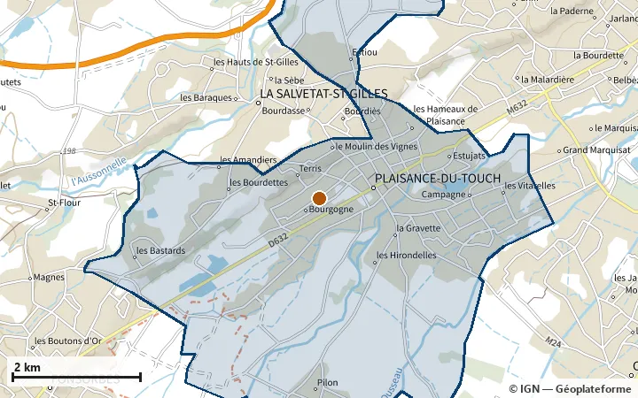 Plan de Plaisance-du-Touch, avec les limites de la zone et son centre