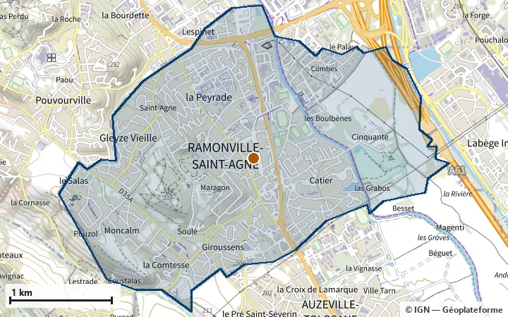 Plan de Ramonville-Saint-Agne, avec les limites de la zone et son centre