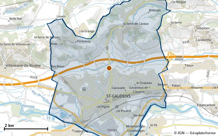 Plan de Saint-Gaudens, avec les limites de la zone et son centre