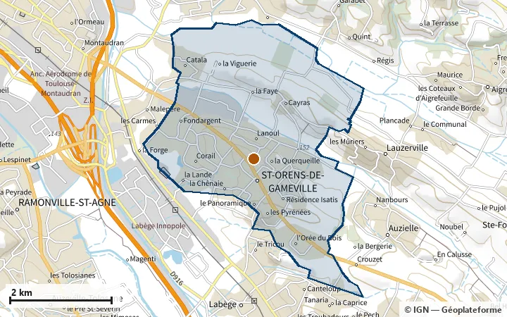Plan de Saint-Orens-de-Gameville, avec les limites de la zone et son centre