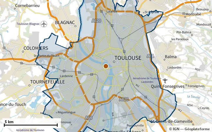 Plan de Toulouse, avec les limites de la zone et son centre