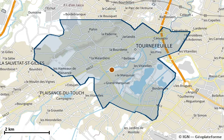 Plan de Tournefeuille, avec les limites de la zone et son centre