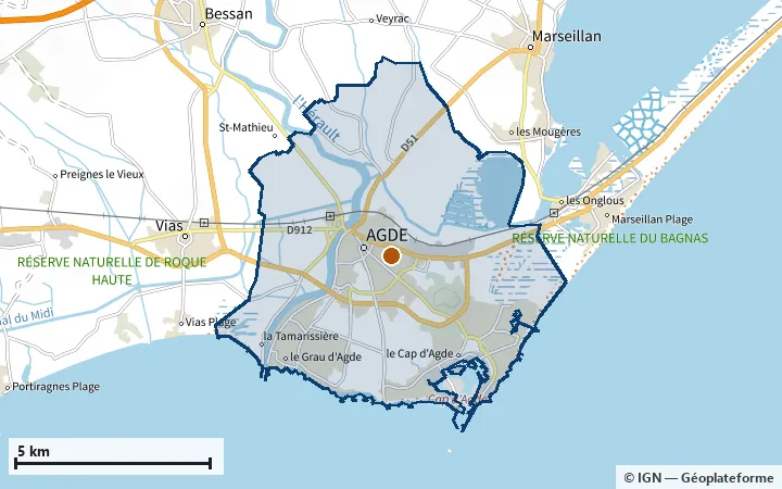 Plan d'Agde, avec les limites de la zone et son centre