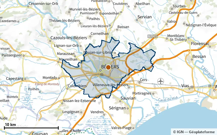 Plan de Béziers, avec les limites de la zone et son centre
