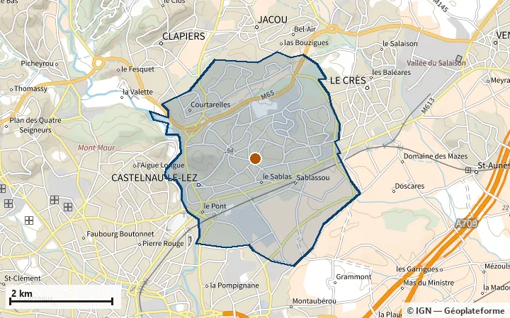 Plan de Castelnau-le-Lez, avec les limites de la zone et son centre