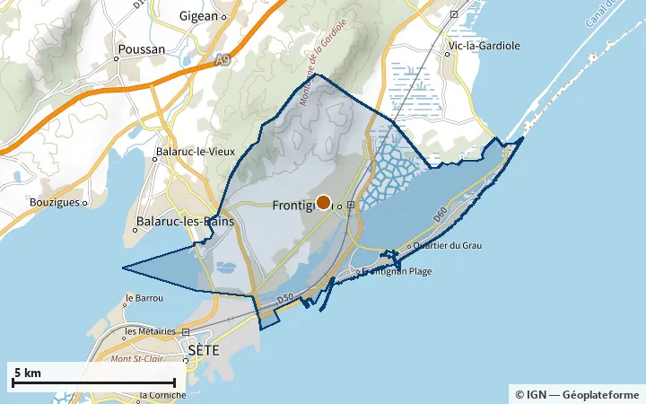 Plan de Frontignan, avec les limites de la zone et son centre