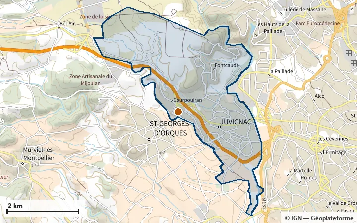 Plan de Juvignac, avec les limites de la zone et son centre