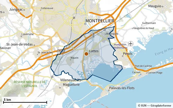 Plan de Lattes, avec les limites de la zone et son centre