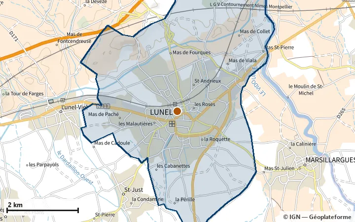 Plan de Lunel, avec les limites de la zone et son centre