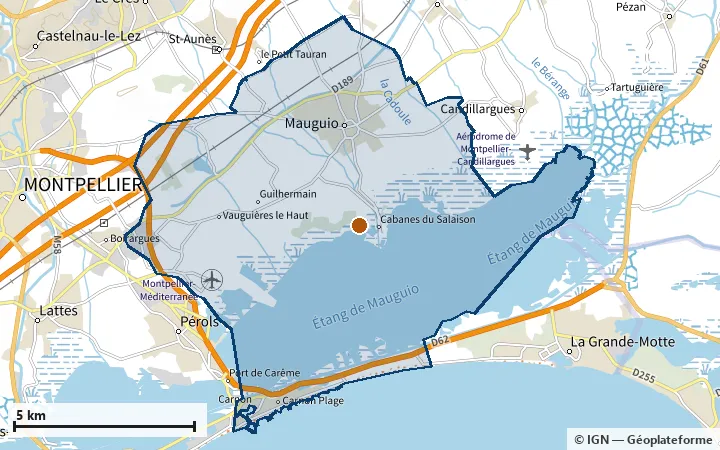 Plan de Mauguio, avec les limites de la zone et son centre