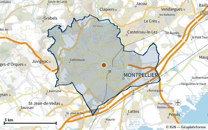 Plan de Montpellier, avec les limites de la zone et son centre