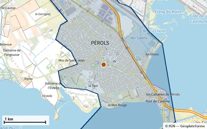 Plan de Pérols, avec les limites de la zone et son centre