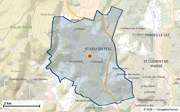 Plan de Saint-Gély-du-Fesc, avec les limites de la zone et son centre