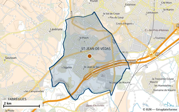 Plan de Saint-Jean-de-Védas, avec les limites de la zone et son centre