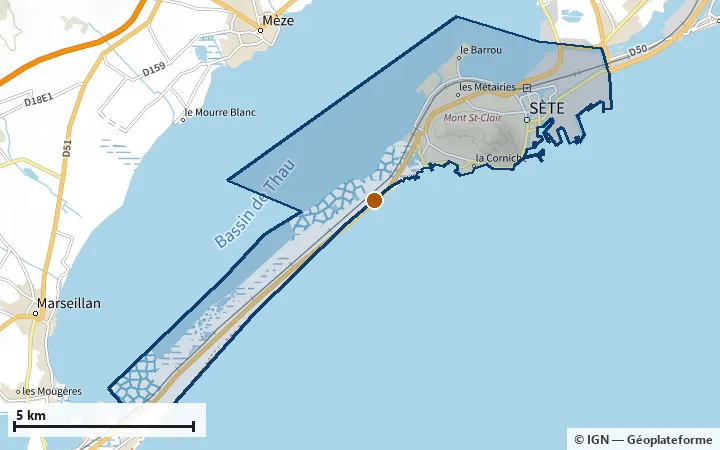Plan de Sète, avec les limites de la zone et son centre