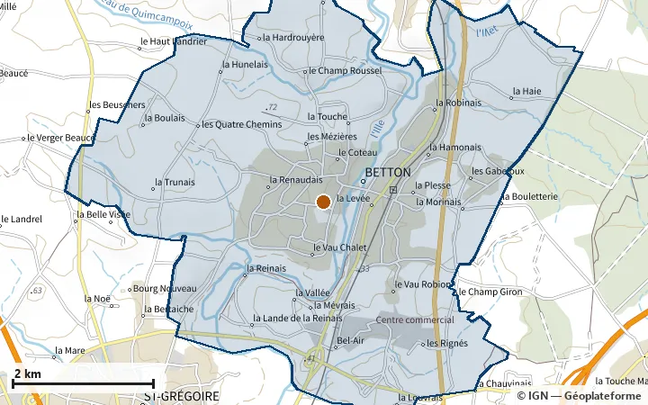 Plan de Betton, avec les limites de la zone et son centre