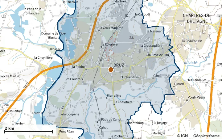 Plan de Bruz, avec les limites de la zone et son centre