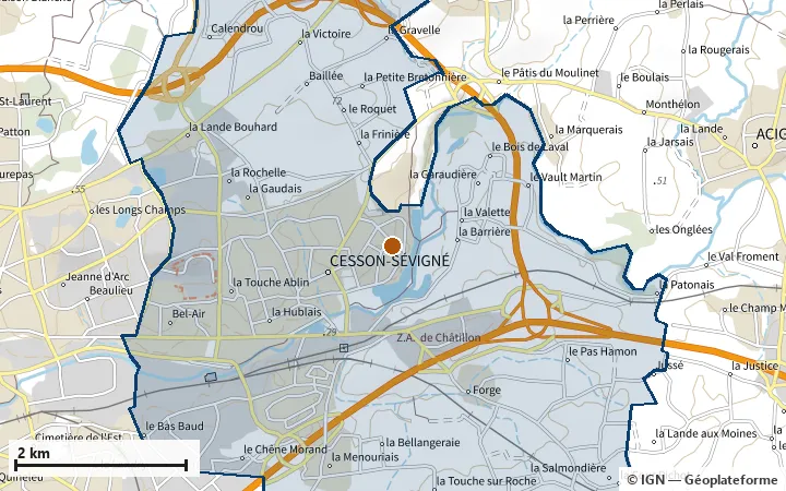 Plan de Cesson-Sévigné, avec les limites de la zone et son centre