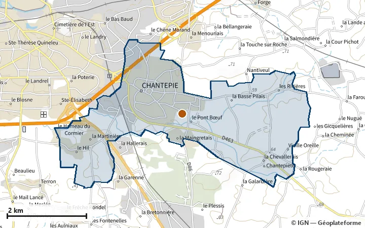 Plan de Chantepie, avec les limites de la zone et son centre