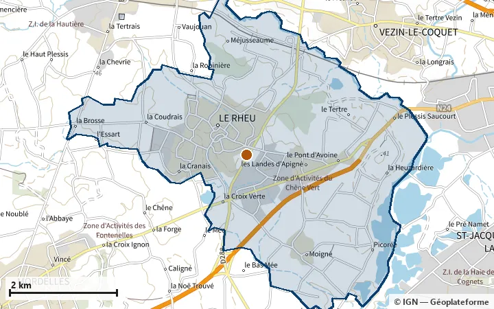 Plan du Rheu, avec les limites de la zone et son centre