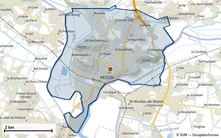 Plan de Redon, avec les limites de la zone et son centre