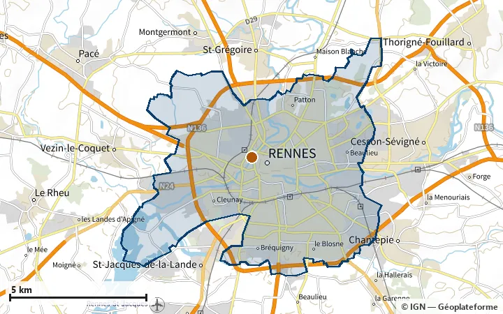 Plan de Rennes, avec les limites de la zone et son centre