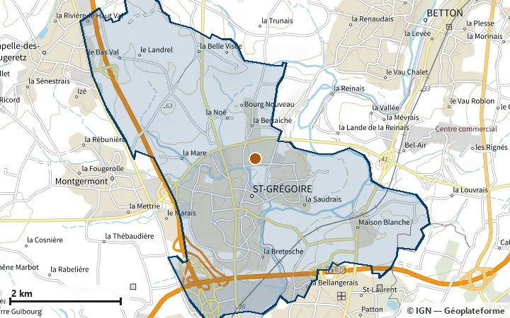 Plan de Saint-Grégoire, avec les limites de la zone et son centre