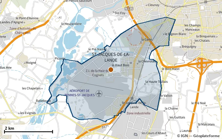 Plan de Saint-Jacques-de-la-Lande, avec les limites de la zone et son centre