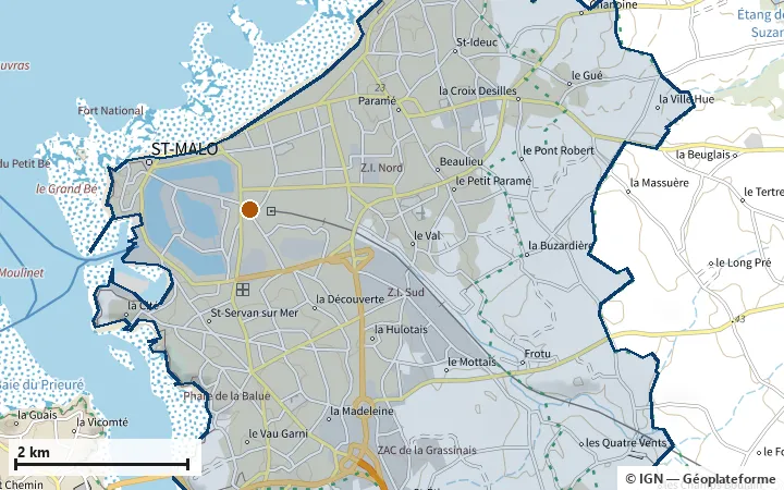 Plan de Saint-Malo, avec les limites de la zone et son centre