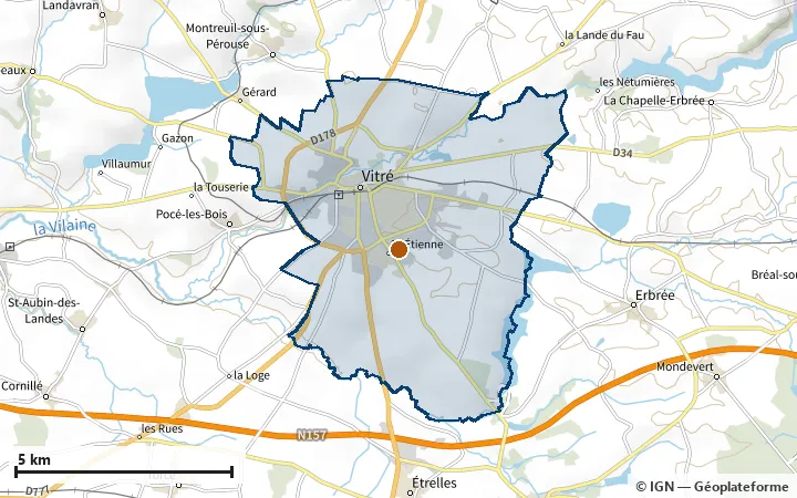 Plan de Vitré, avec les limites de la zone et son centre