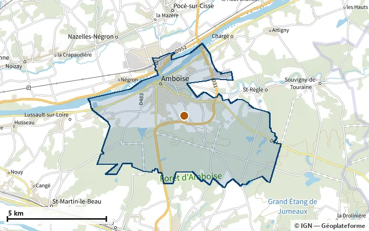 Plan d'Amboise, avec les limites de la zone et son centre