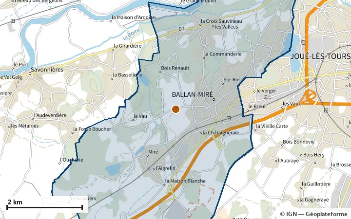 Plan de Ballan-Miré, avec les limites de la zone et son centre