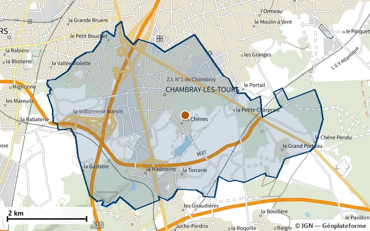 Plan de Chambray-lès-Tours, avec les limites de la zone et son centre