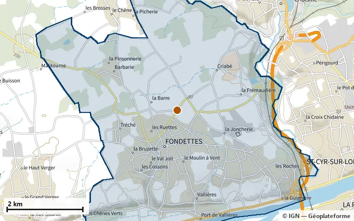 Plan de Fondettes, avec les limites de la zone et son centre