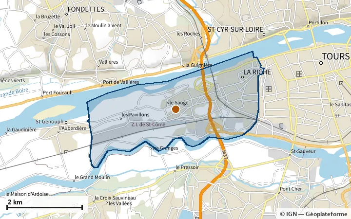 Plan de La Riche, avec les limites de la zone et son centre