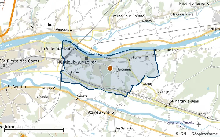 Plan de Montlouis-sur-Loire, avec les limites de la zone et son centre