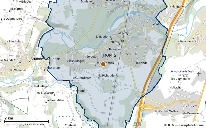 Plan de Monts, avec les limites de la zone et son centre