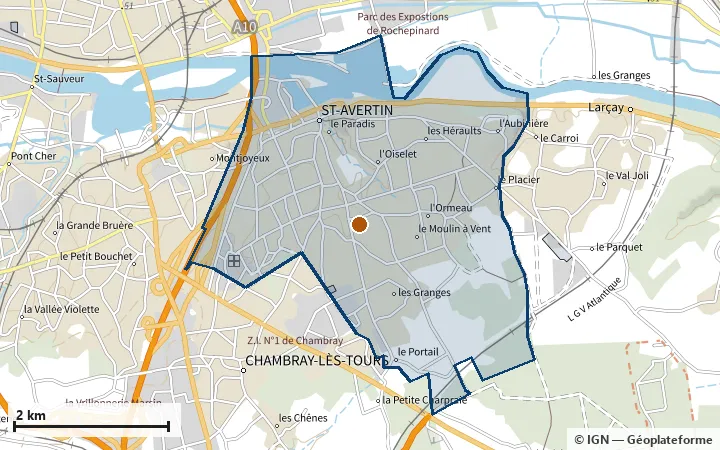 Plan de Saint-Avertin, avec les limites de la zone et son centre