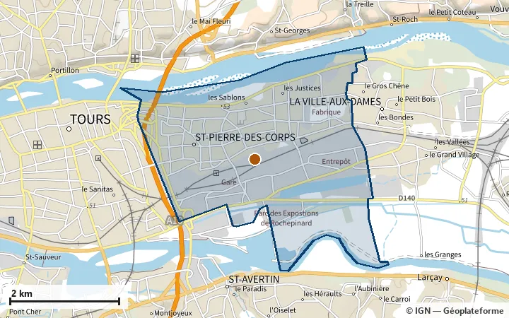 Plan de Saint-Pierre-des-Corps, avec les limites de la zone et son centre