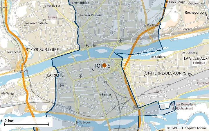 Plan de Tours, avec les limites de la zone et son centre