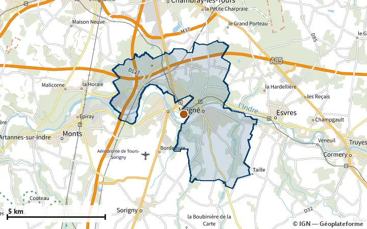 Plan de Veigné, avec les limites de la zone et son centre