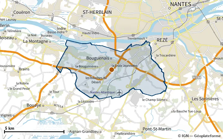 Plan de Bouguenais, avec les limites de la zone et son centre