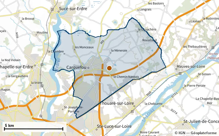 Plan de Carquefou, avec les limites de la zone et son centre