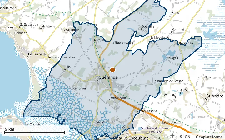 Plan de Guérande, avec les limites de la zone et son centre