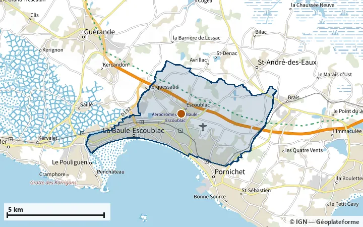Plan de La Baule-Escoublac, avec les limites de la zone et son centre